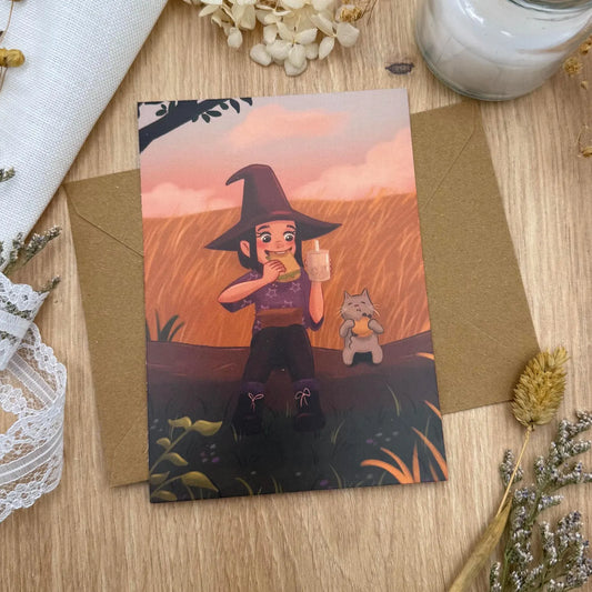 Hexe und Katze beim Picknick - Achtsamkeits - Postkarte |  DIN A6 Illustration