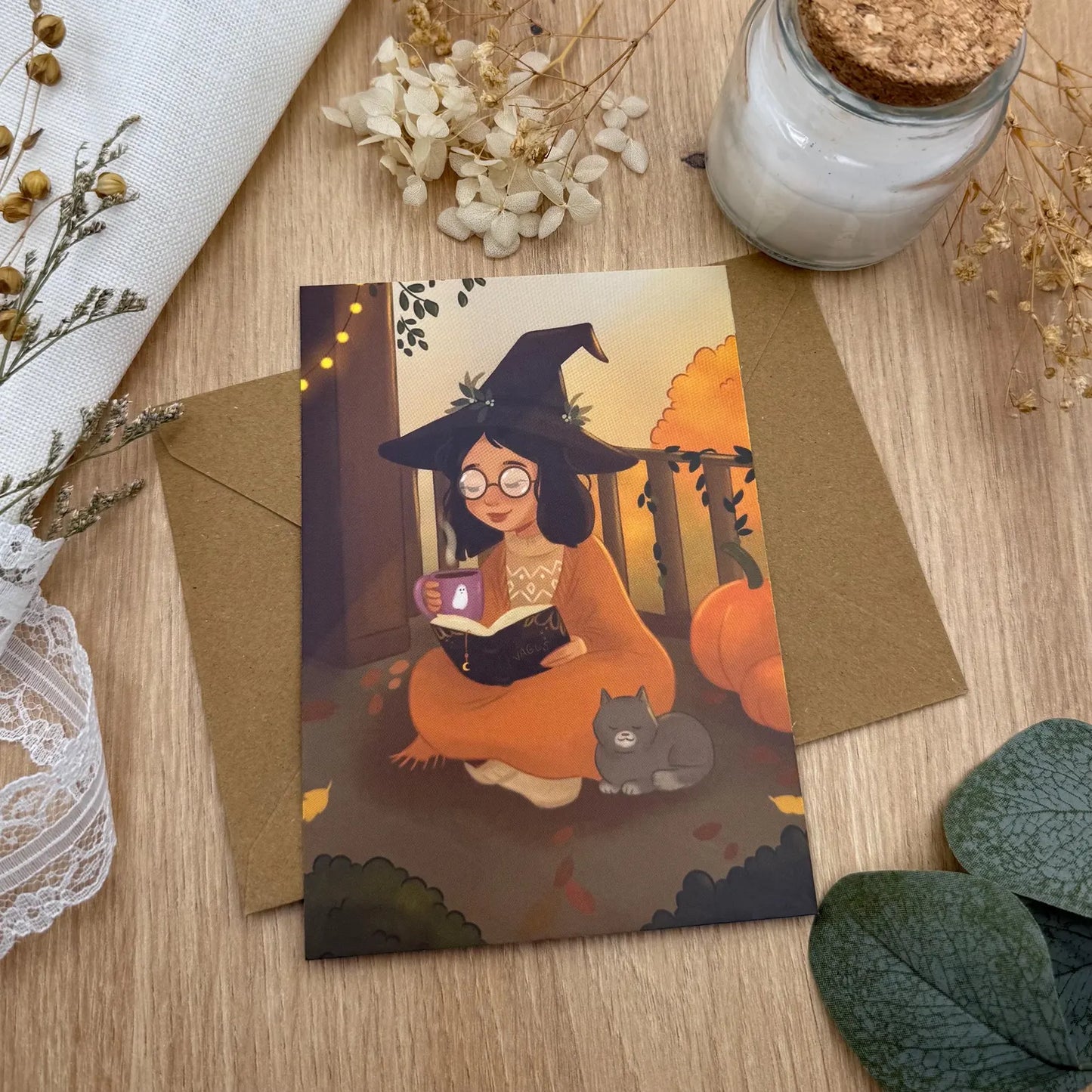 Postkarte Hexe mit Katze – Magische A6 Grußkarte für Herbst, Ritual & Ruhe