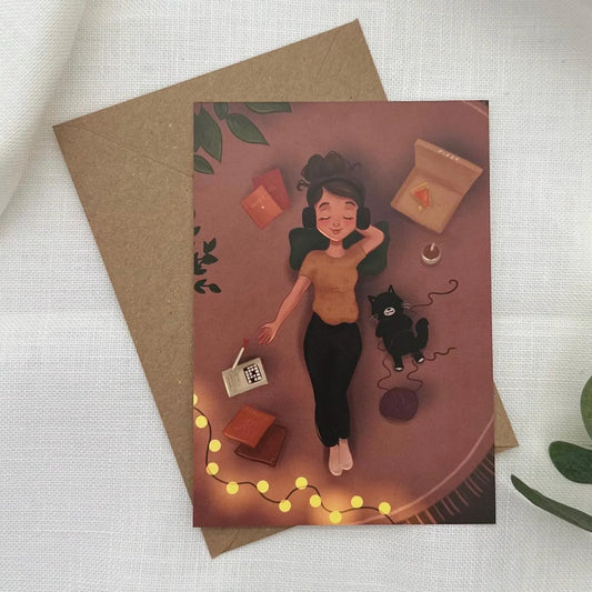 Postkarte Selfcare mit Pizza und Musik - Relax Illustration DIN A6 - Auszeit- Katte für Freunde, Cozy Days und Journal