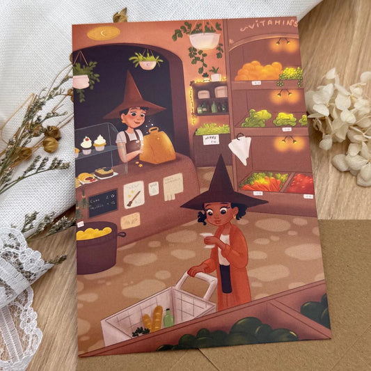 Postkarte Hexe beim Einkaufen- Magischer Kräuterladen Illustration- Herbstliche Hexenkarte DIN A6 - Geschenk für Hexenfans
