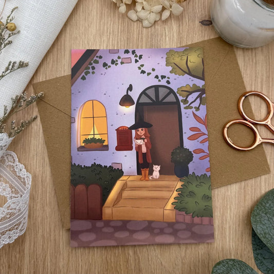 Hexen Postkarte am Briefkasten - Briefe voller Magie und Liebe - A6 Illustration