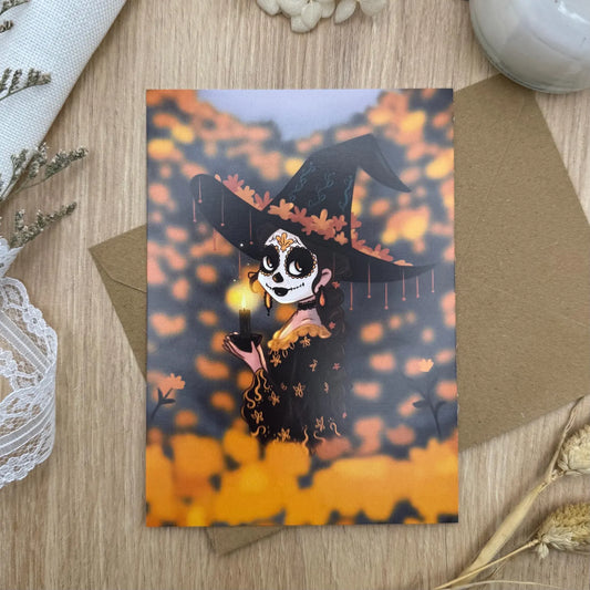La Catrina Postkarte | Día de los Muertos Hexe | Halloween Grußkarte