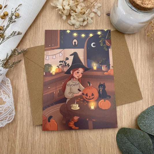 Herbst Postkarte mit Kürbis & Katze – Magische Illustration, Halloween Karte, Herbstgruß, DIN A6