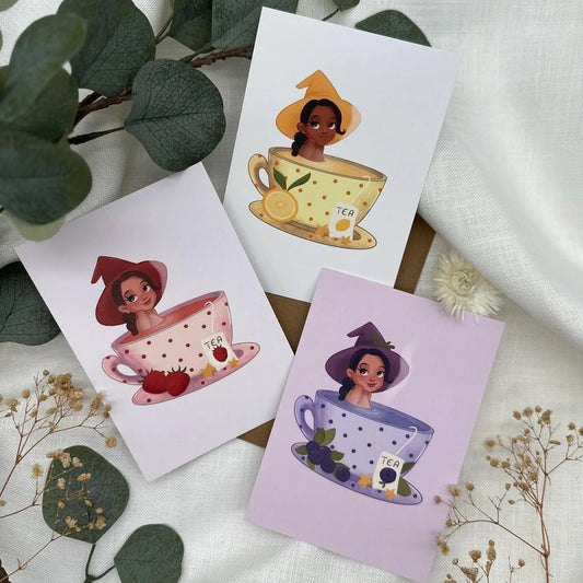 Hexen in der Teetasse - 3er Postkarten- Set mit Zitrone, Erdbeere und Blaubeere | A6 Illustration