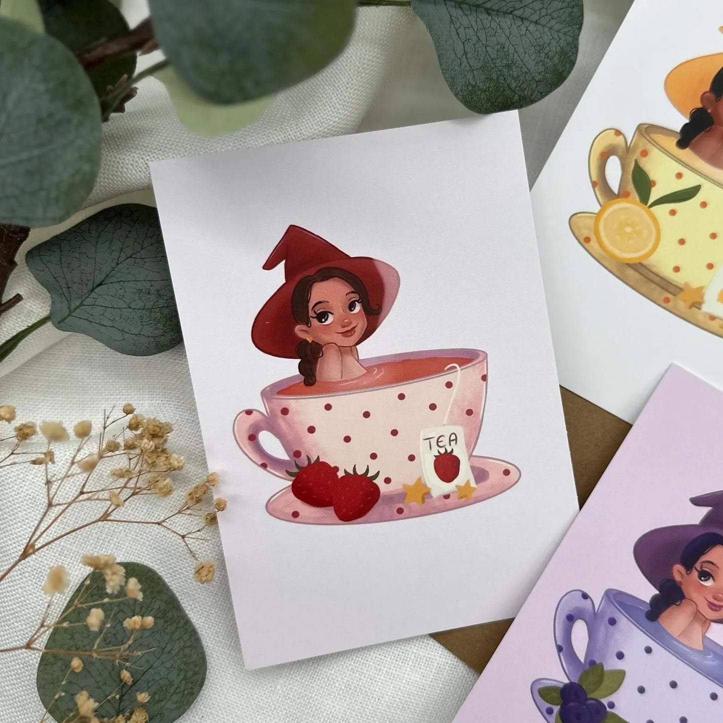 Hexen in der Teetasse - 3er Postkarten- Set mit Zitrone, Erdbeere und Blaubeere | A6 Illustration