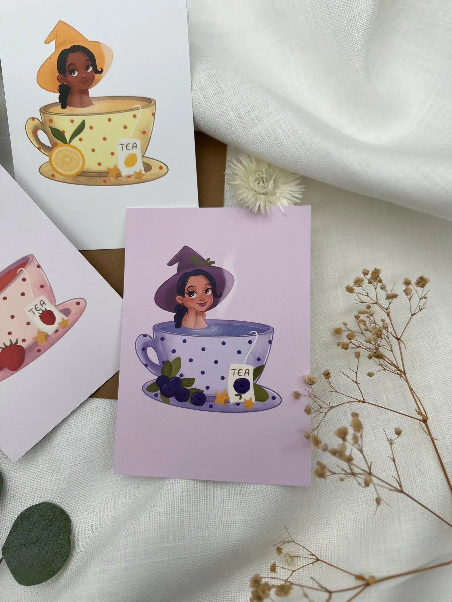 Hexen in der Teetasse - 3er Postkarten- Set mit Zitrone, Erdbeere und Blaubeere | A6 Illustration