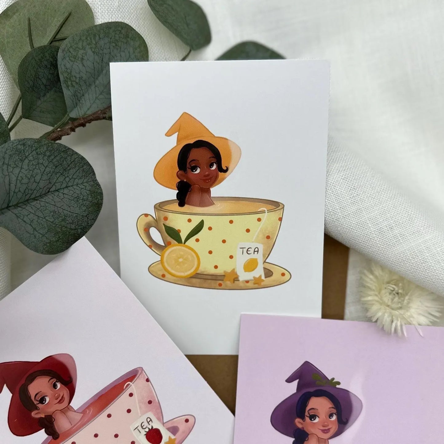 Hexen in der Teetasse - 3er Postkarten- Set mit Zitrone, Erdbeere und Blaubeere | A6 Illustration