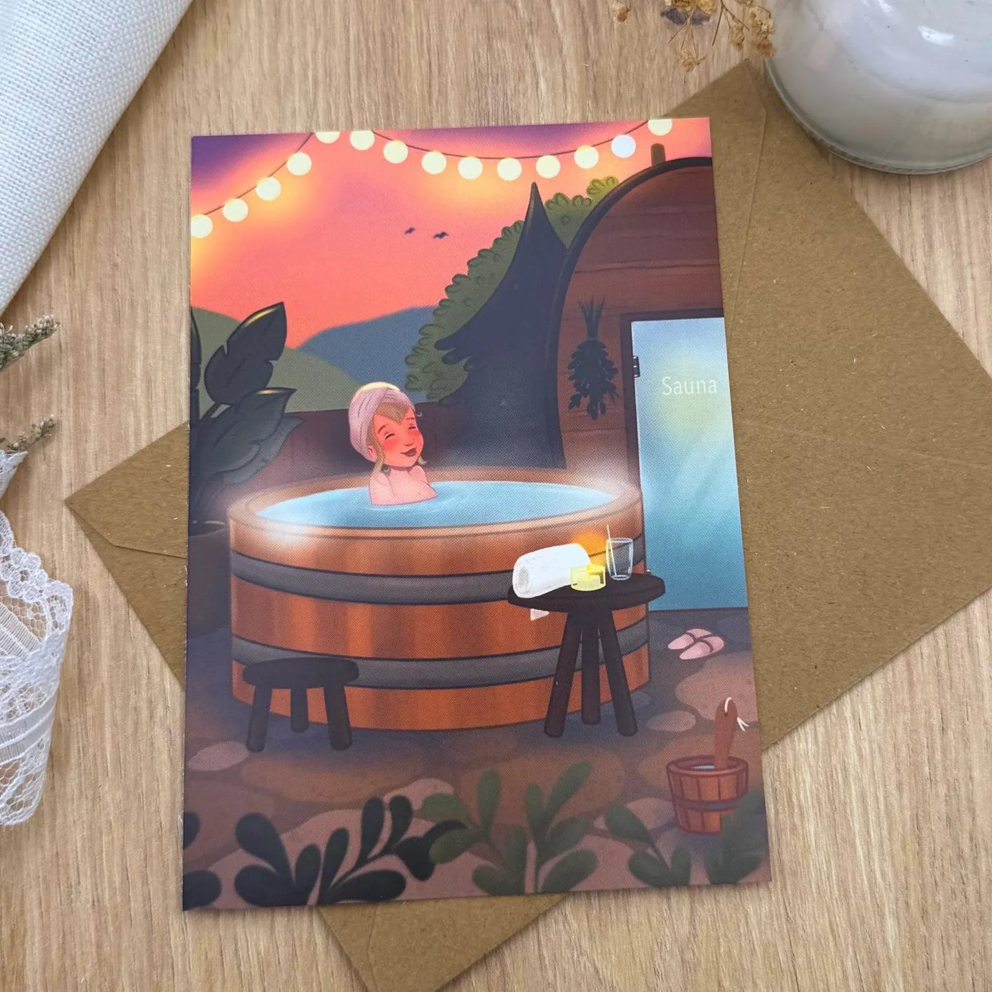 Sauna Wellness Postkarte- Achtsamkeit und Entspannung