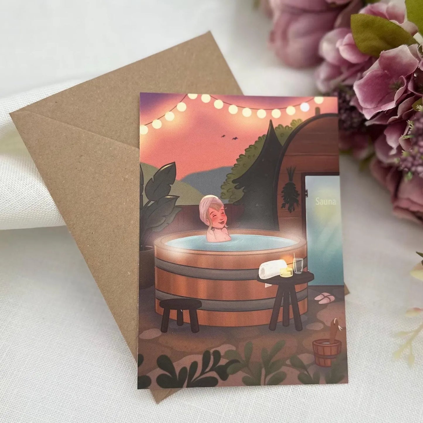 Sauna Wellness Postkarte- Achtsamkeit und Entspannung