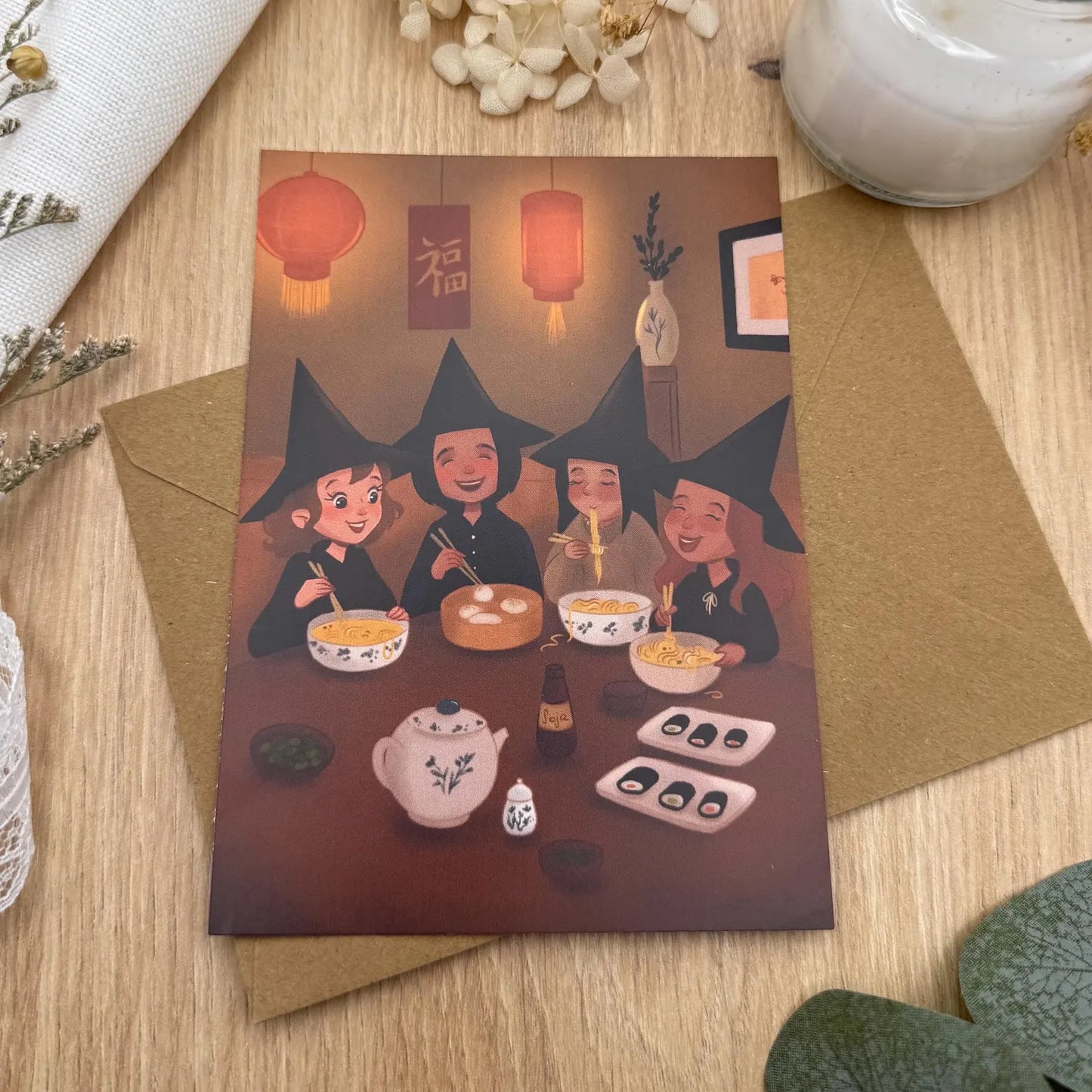 Postkarte Mädelsabend – fröhliche Hexenrunde bei Sushi & Lichterglanz