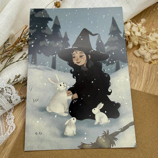 Winterhexe Postkarte – Ruhige Witchy Illustration mit Hasen | Magische Karte für Achtsamkeit & Winterruhe