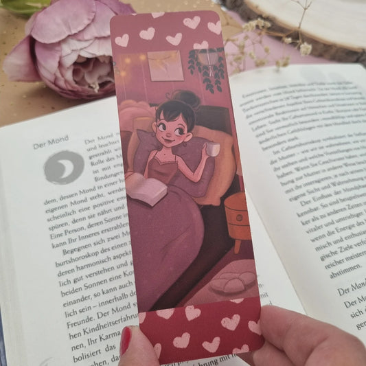 Lesezeichen Leseglück- Selfcare beim Lesen | Illustration mit warmen Farben
