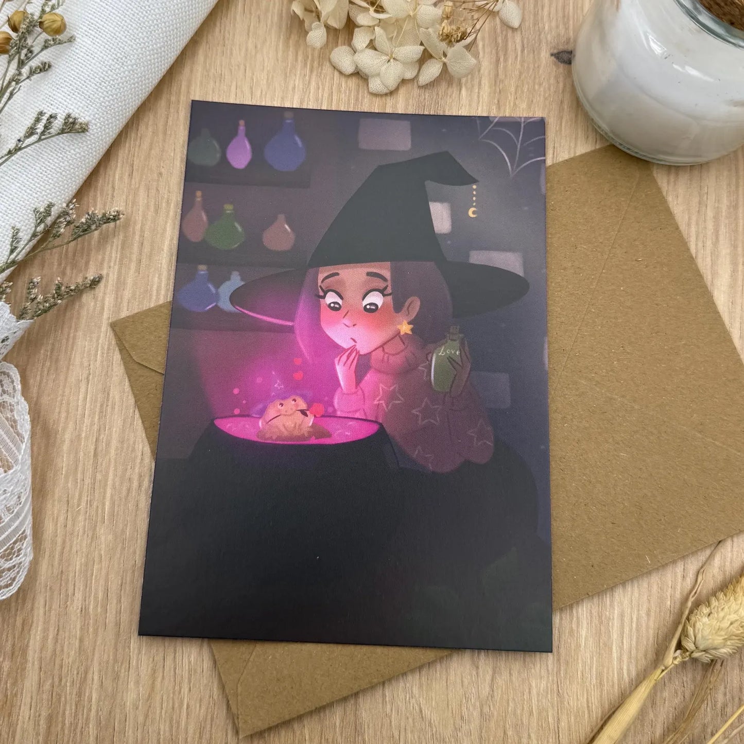 Verliebter Frosch- Lustige Hexen Postkarte | A6 Illustration mit Zaubertrank Panne