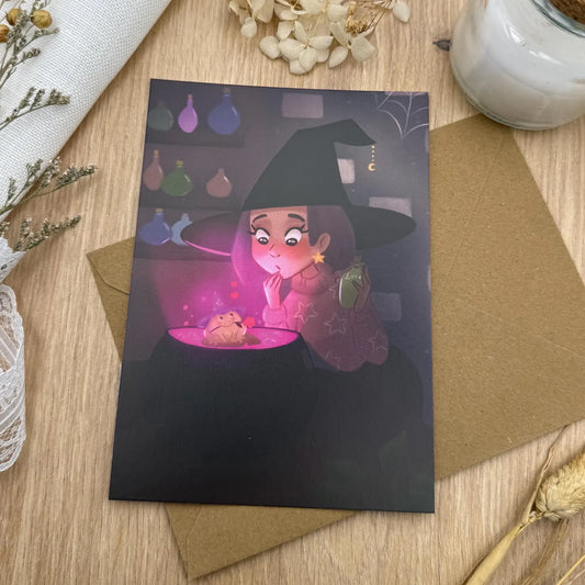 Verliebter Frosch- Lustige Hexen Postkarte | A6 Illustration mit Zaubertrank Panne