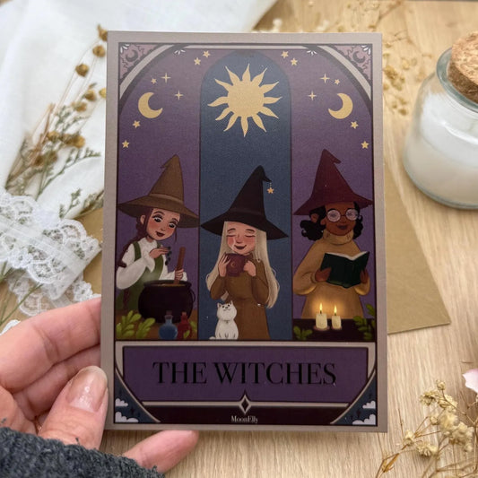 Hexen Postkarte „The Witches“ – magische Illustration mit Mond & Sonne | Achtsamkeit, Ruhe, Hexenfreundschaft