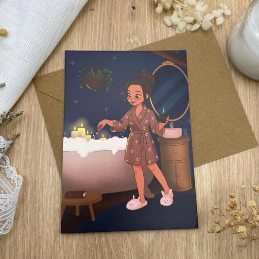 Hexe in der Badewanne- Selfcare Postkarte mit Buch | A6 Illustration für entspannte Seelen