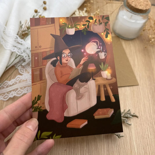 Postkarte Hexe mit Tee und Buch- Bücherwurm Illustration A6 | MoonElly Cozy Magic