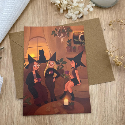 Witchy Circle / Hexen bei Kaffee und Kartenlegung Postkarte / Freundinnen