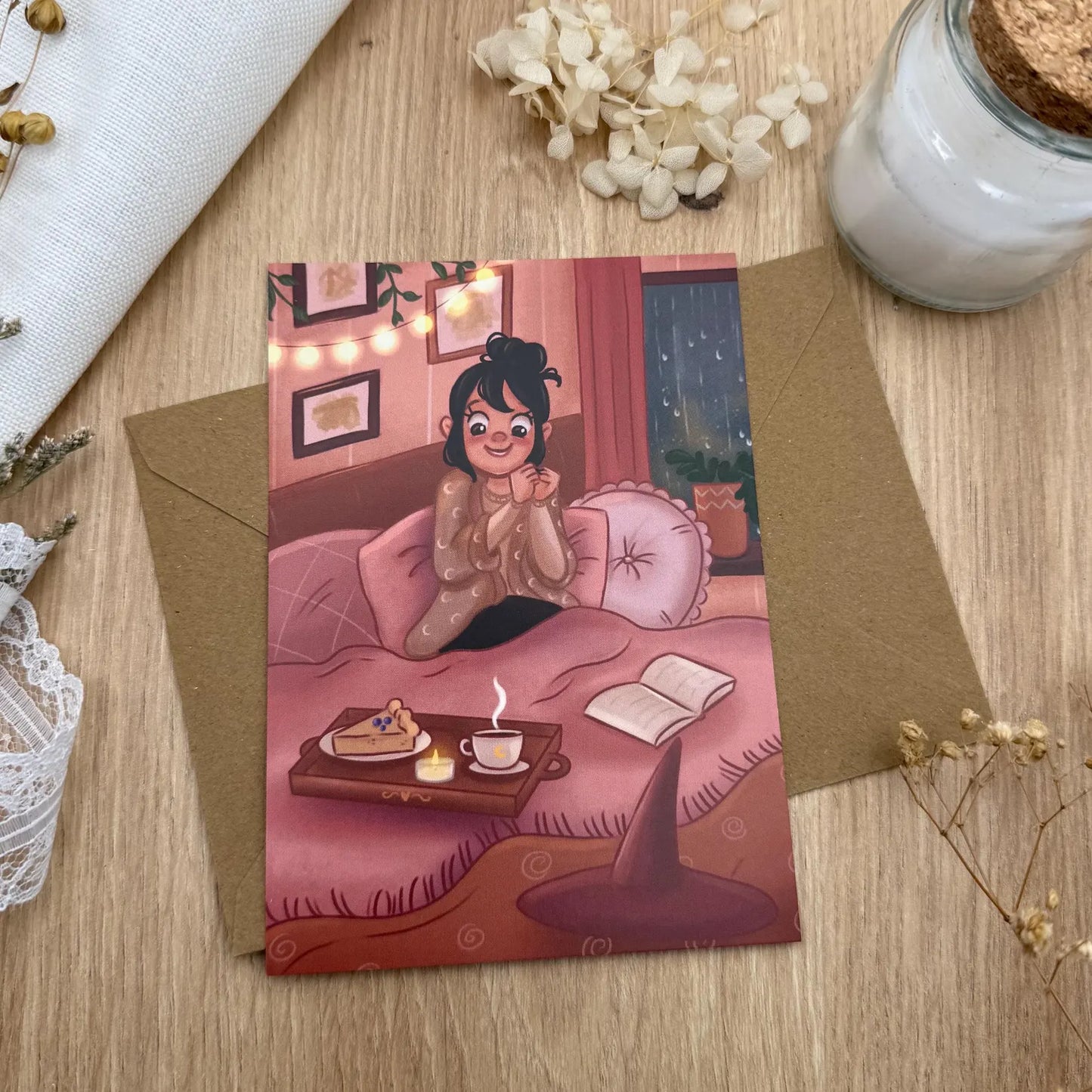 Selbstliebe Postkarte mit Kuchen und Buch - Achtsamkeit Illustration für gemütliche Auszeiten - Me Time Karte