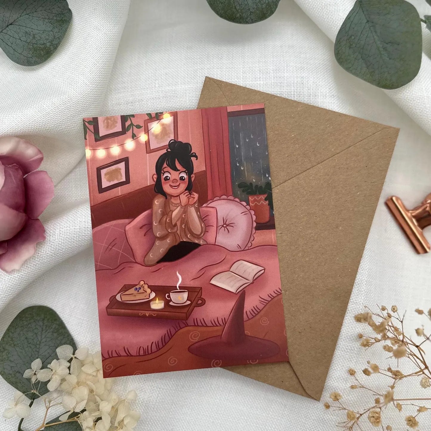 Selbstliebe Postkarte mit Kuchen und Buch - Achtsamkeit Illustration für gemütliche Auszeiten - Me Time Karte