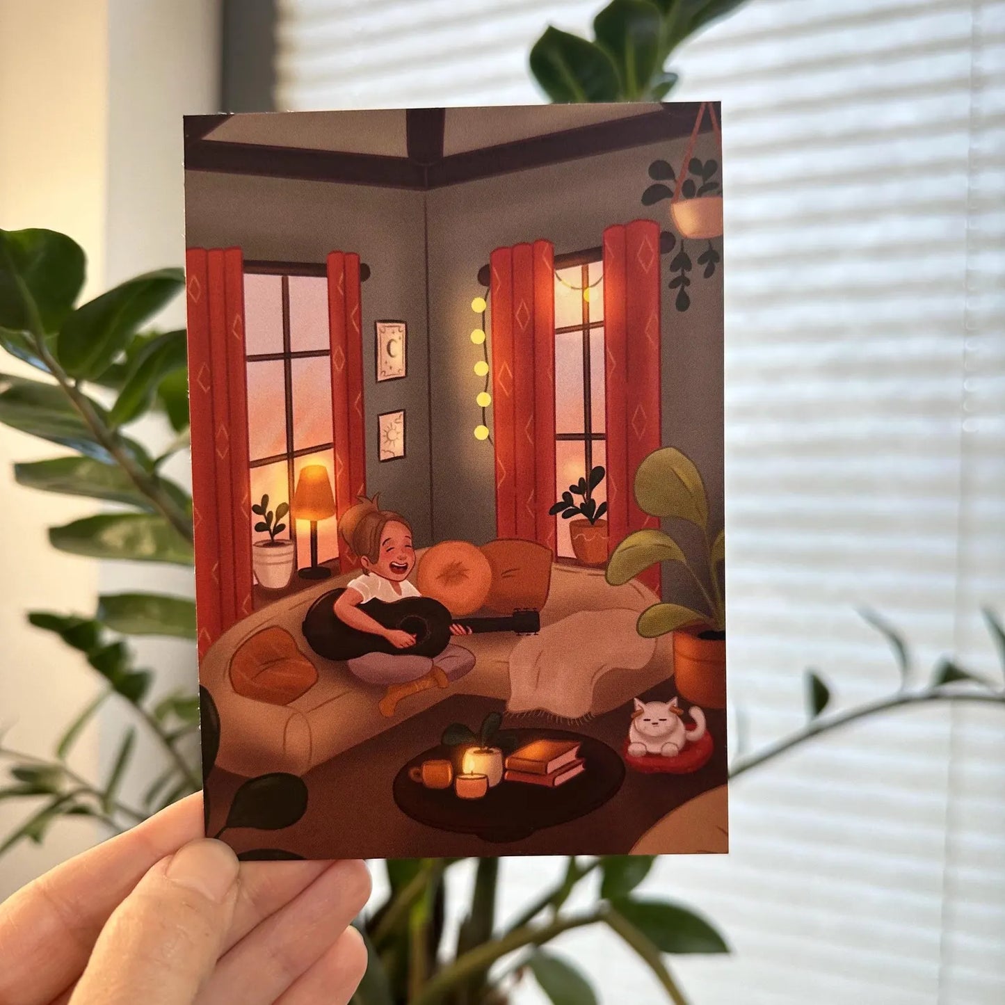 Postkarte Gitarre und genervte Katze- lustige Illustration A6 für Musikfans und Katzenfreunde