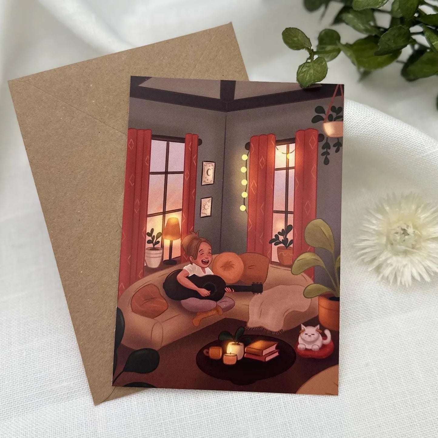 Postkarte Gitarre und genervte Katze- lustige Illustration A6 für Musikfans und Katzenfreunde