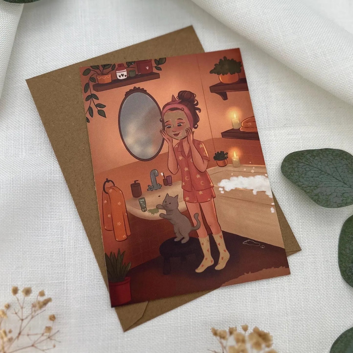 Magische Postkarte „Selfcare Abend mit Katze“ – Wellness Illustration