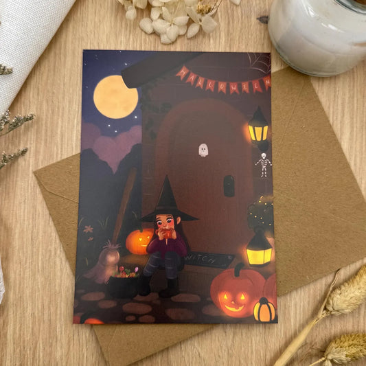 Cozy Halloween Hexe Postkarte - Pause nach Süßigkeitenjagd | DIN A6