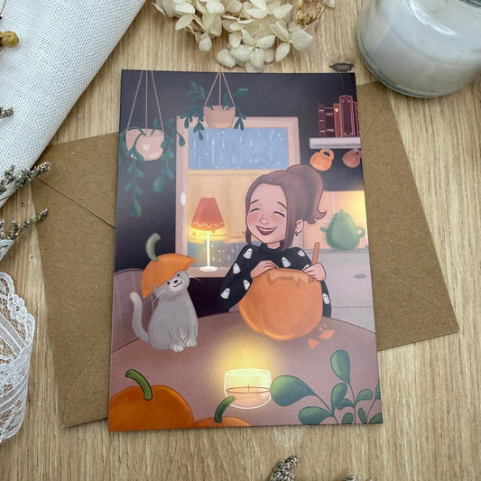 Herbst Postkarte mit Kürbis und Katze- Halloween Illustration zum Kürbisschnitzen
