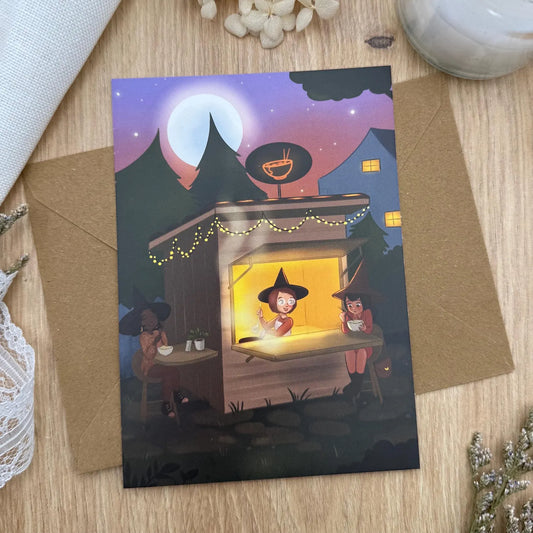 Hexen Nudelimbiss - Lustige Postkarte mit Magie und Streetfood | A6 Illustration