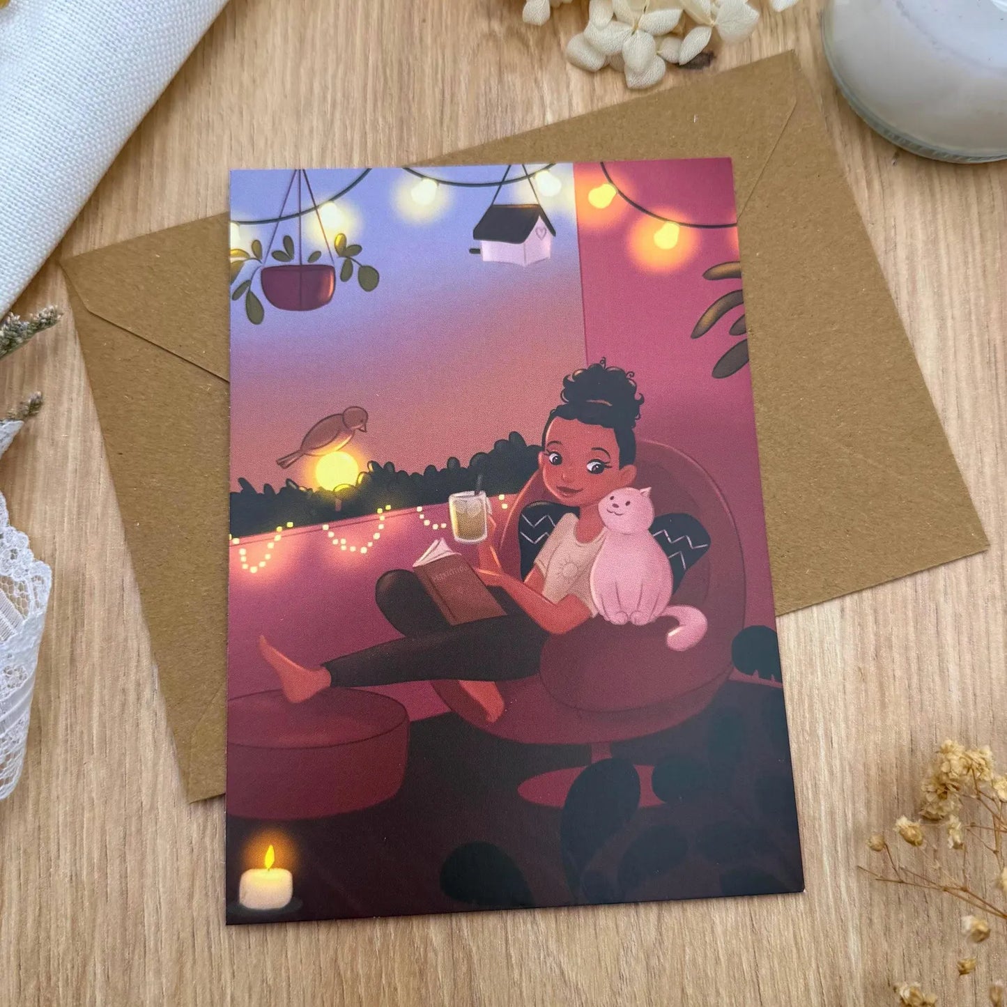 Gemütliches Zuhause Postkarte- Balkonliebe und Katzenmagie