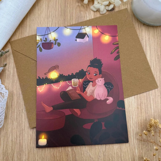 Gemütliches Zuhause Postkarte- Balkonliebe und Katzenmagie