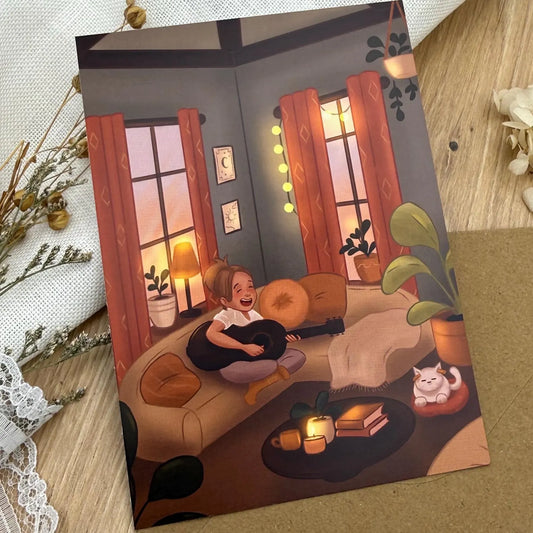 Postkarte Gitarre und genervte Katze- lustige Illustration A6 für Musikfans und Katzenfreunde