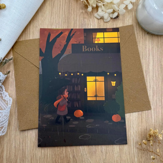 Bookshop Magic – Herbstliche Postkarte mit Bücherladen & Regenspaziergang