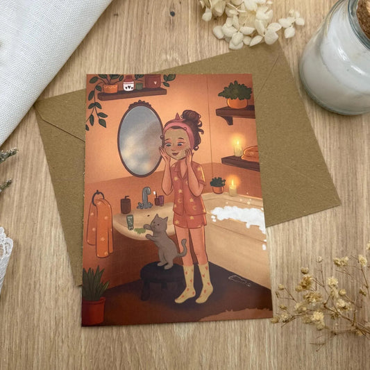Magische Postkarte „Selfcare Abend mit Katze“ – Wellness Illustration