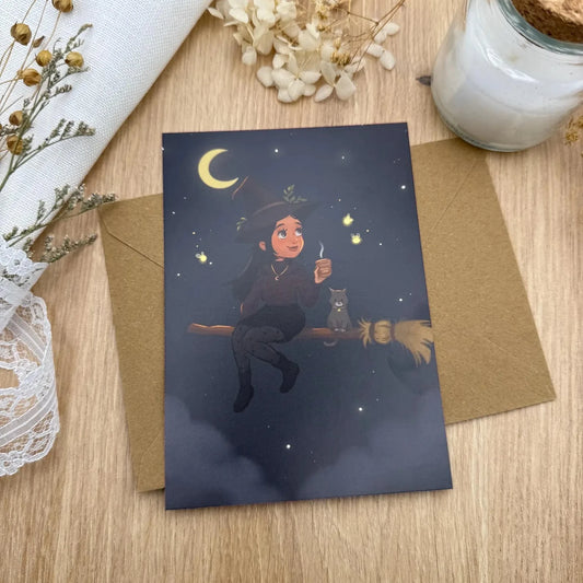 Postkarte Hexe unter dem Mond – Magische Illustration, Hexen Kunst, Halloween Karte, DIN A6