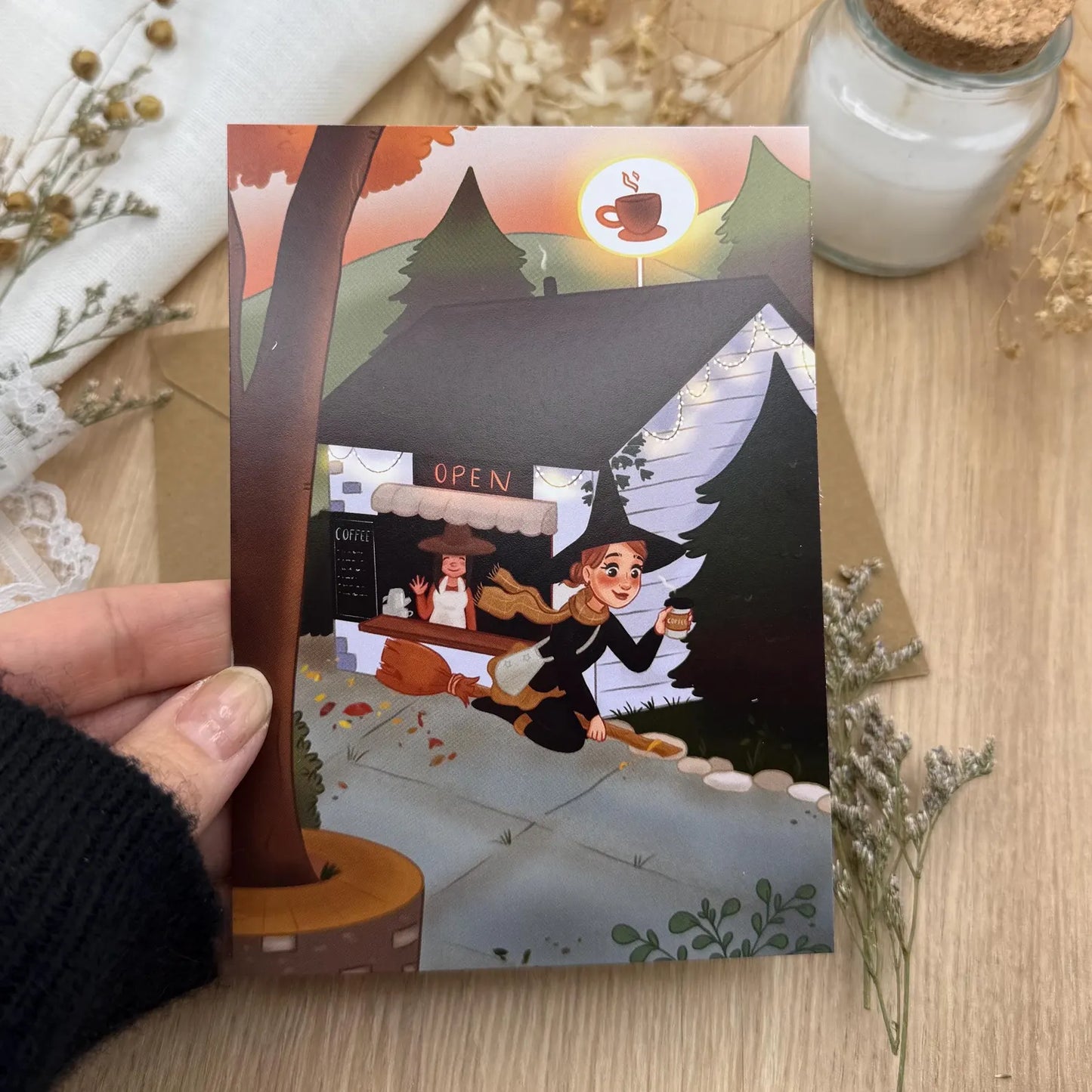 Postkarte Hexe mit Coffee to Go - A6 Illustration | Magischer Alltag und moderner Zauber